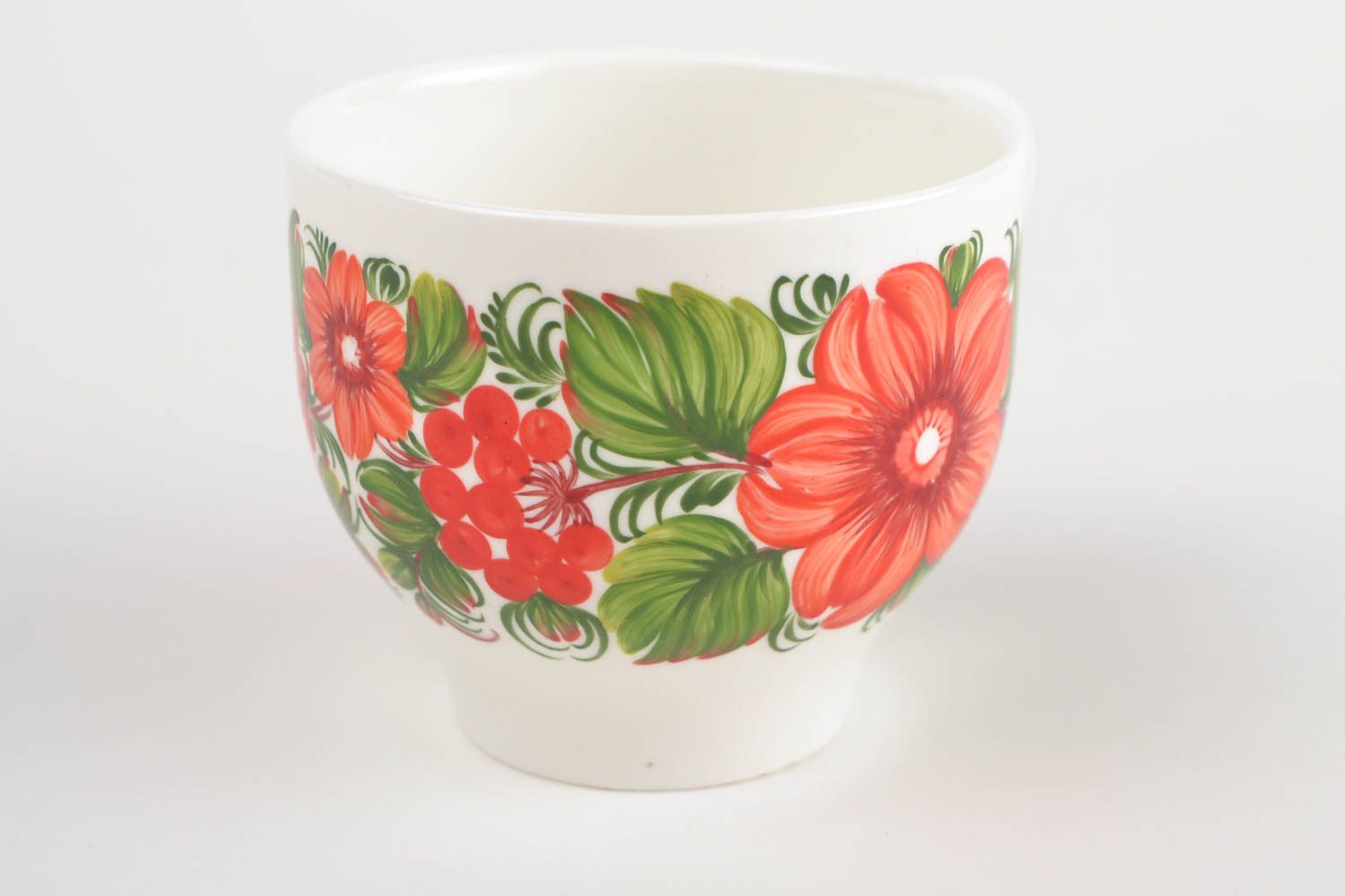 Porcelain white teacup with handle and Russian bright floral pattern photo 5