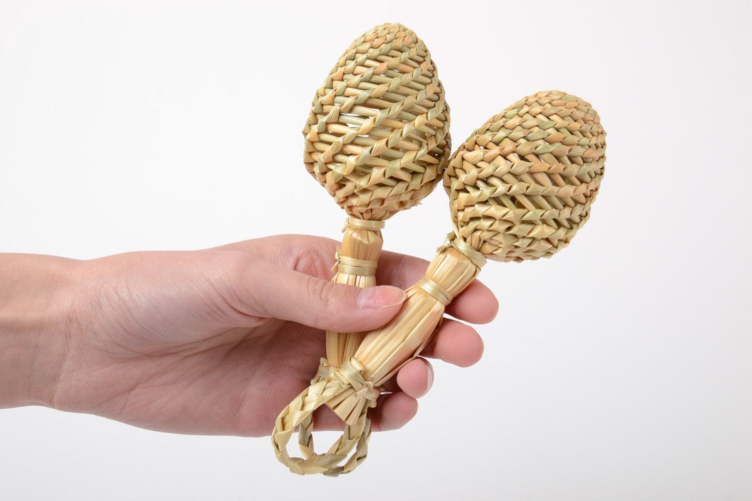 Set of 3 handmade eco friendly rattle toys woven of natural straw for babies photo 5