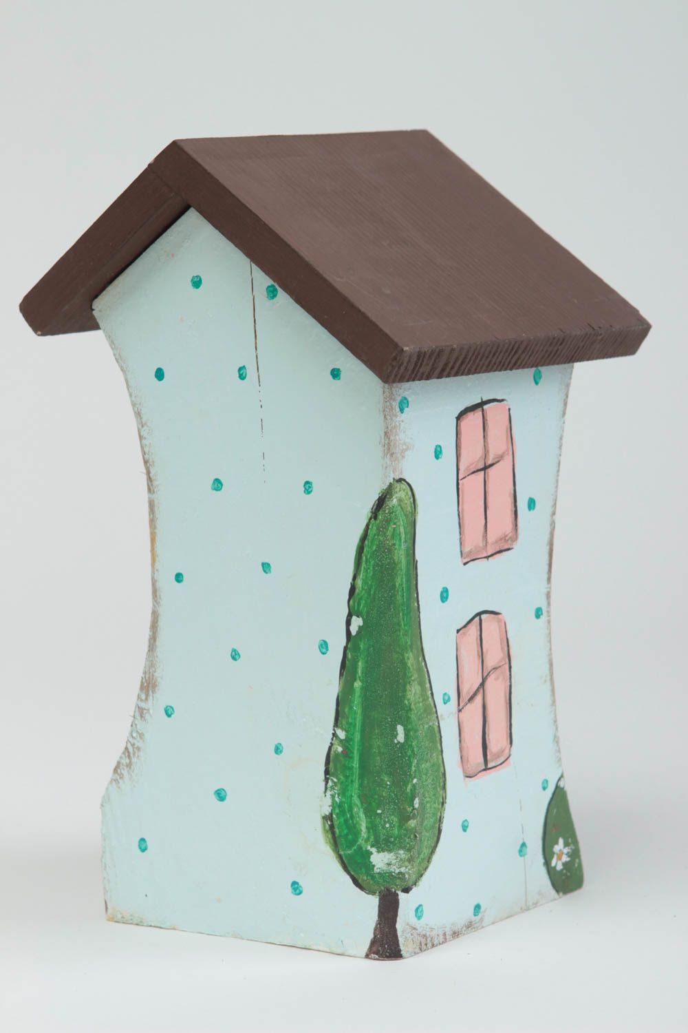 Figura de madera casa azul artesanal decoración de interior regalo para amigo foto 3