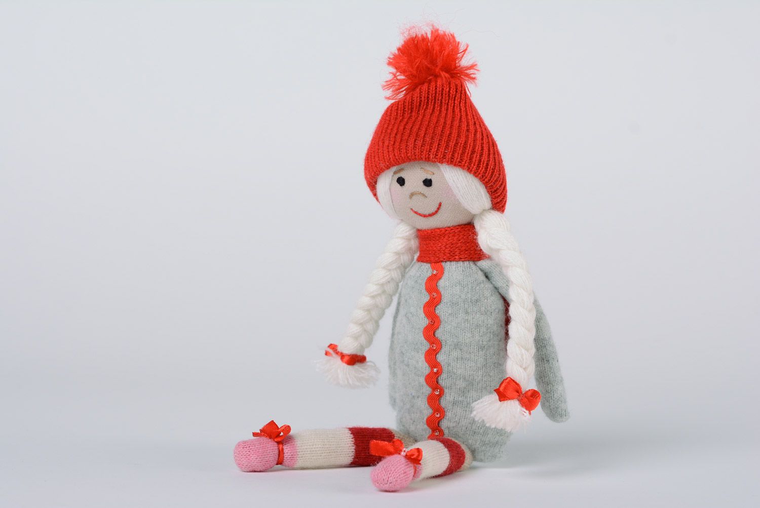 Small handmade cute doll sewn of fabric with red hat for little girls photo 3