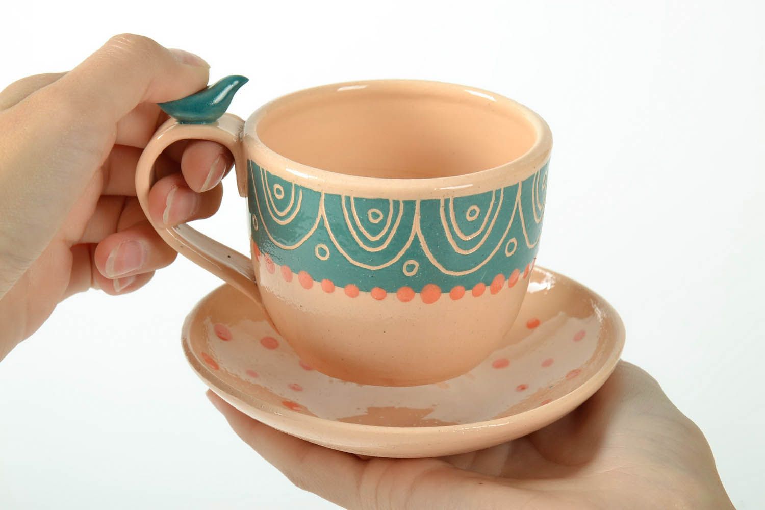 Art clay girl's teacup in light peach color with handle and saucer photo 5