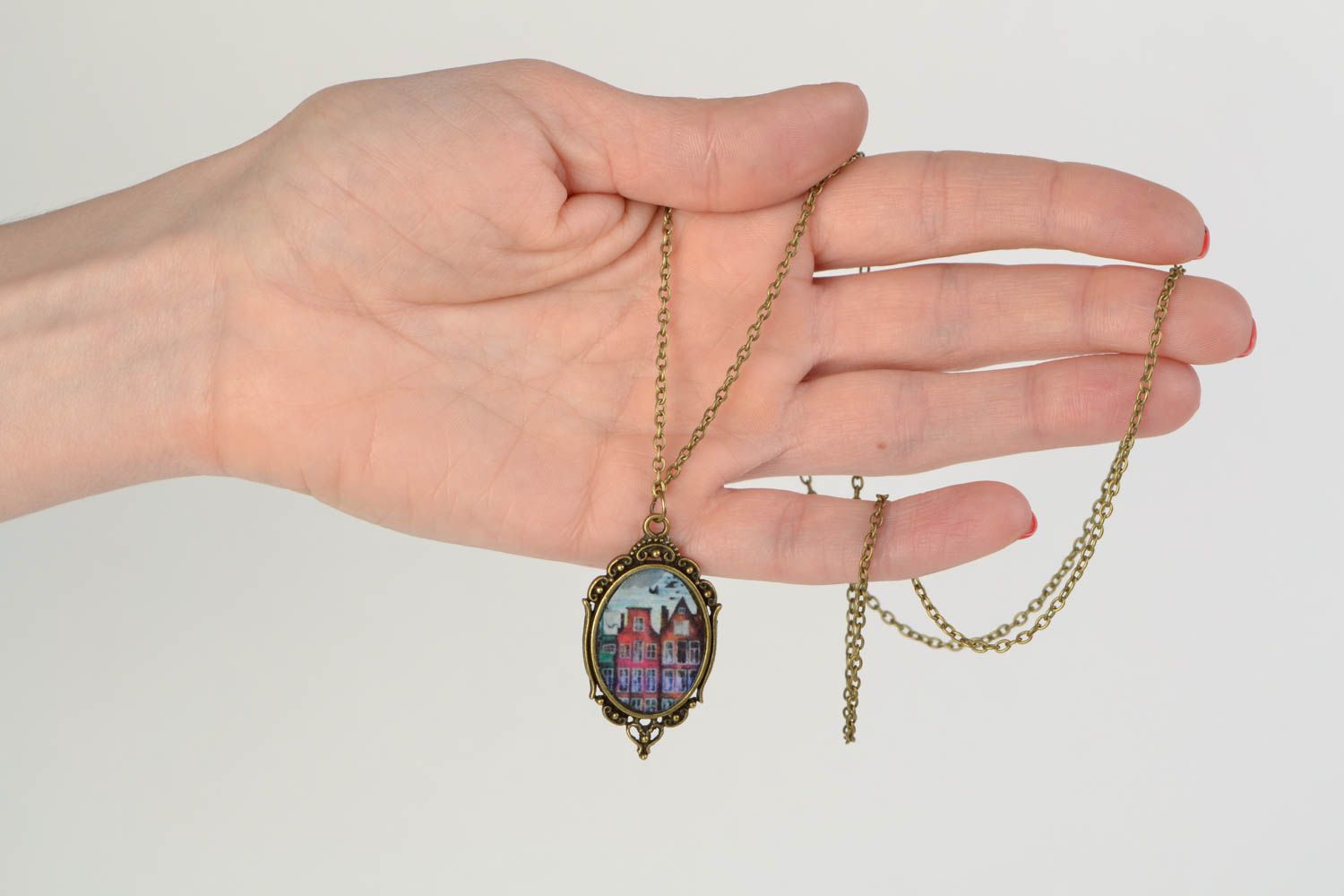 Handmade decoupage vintage neck pendant with Amsterdam cityscape for women photo 2