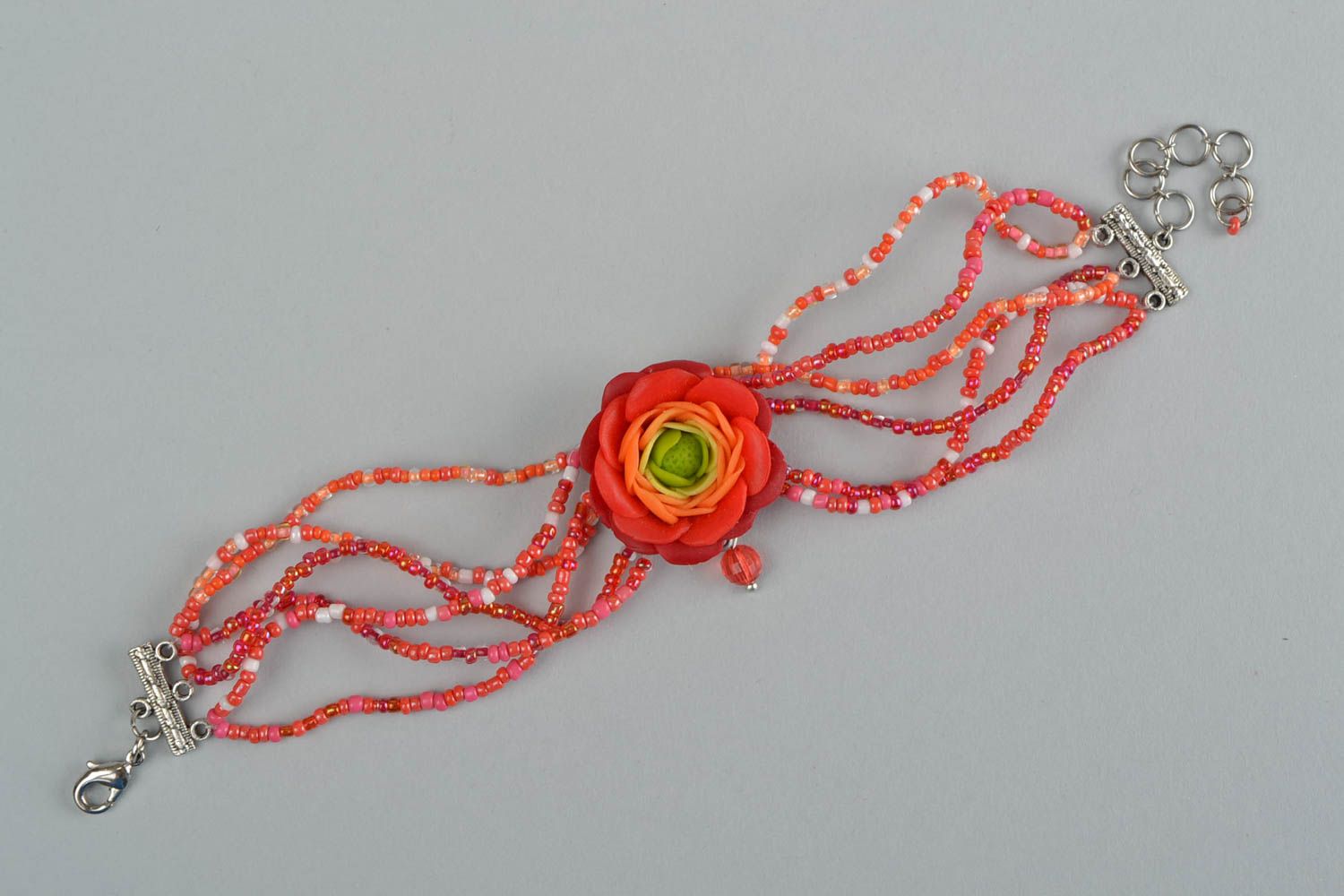 Handmade women's designer beaded wrist bracelet with red polymer clay flower photo 5