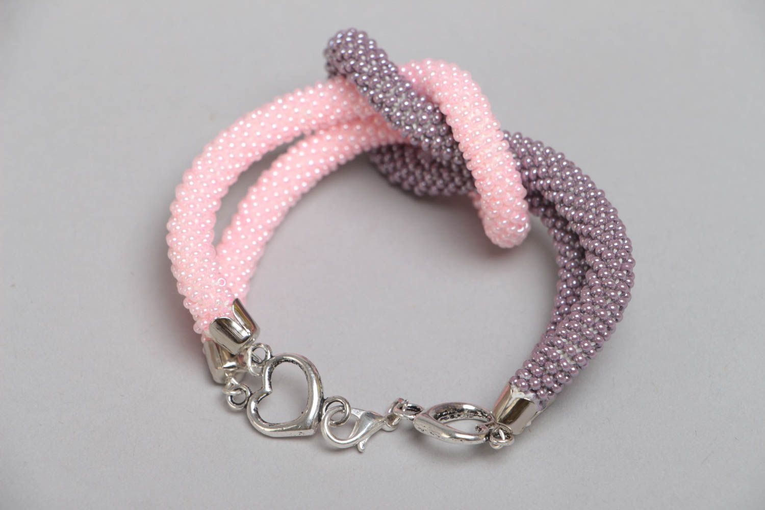Handmade designer two colored gray and pink beaded cord wrist bracelet for women photo 4