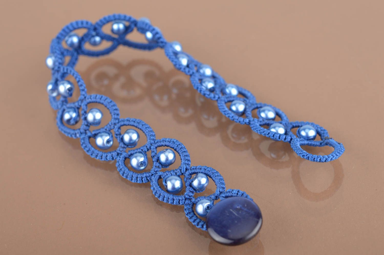 Handmade thin woven tatting bracelet with beads of blue color  photo 5