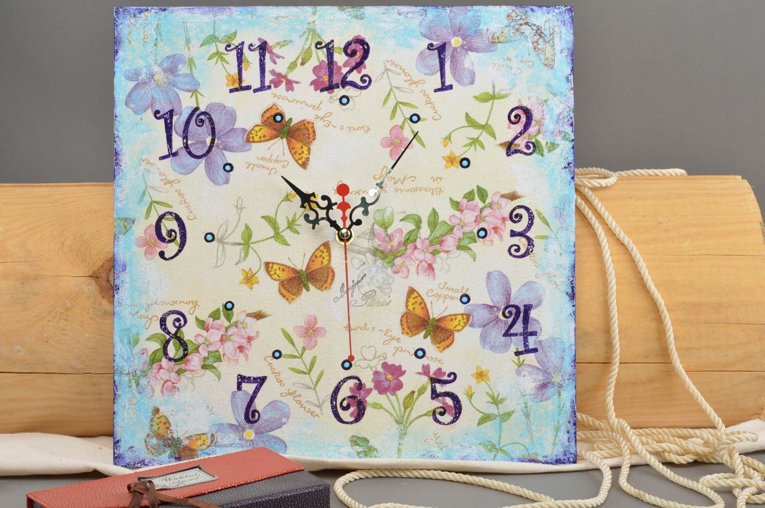 Square handmade clock stylish cute wall decor cute butterfly accessory photo 1