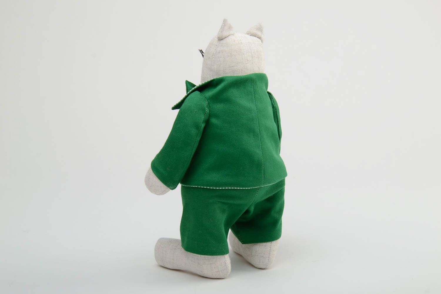 Handmade designer soft toy sewn of cotton fabric fat cat in green business suit photo 4