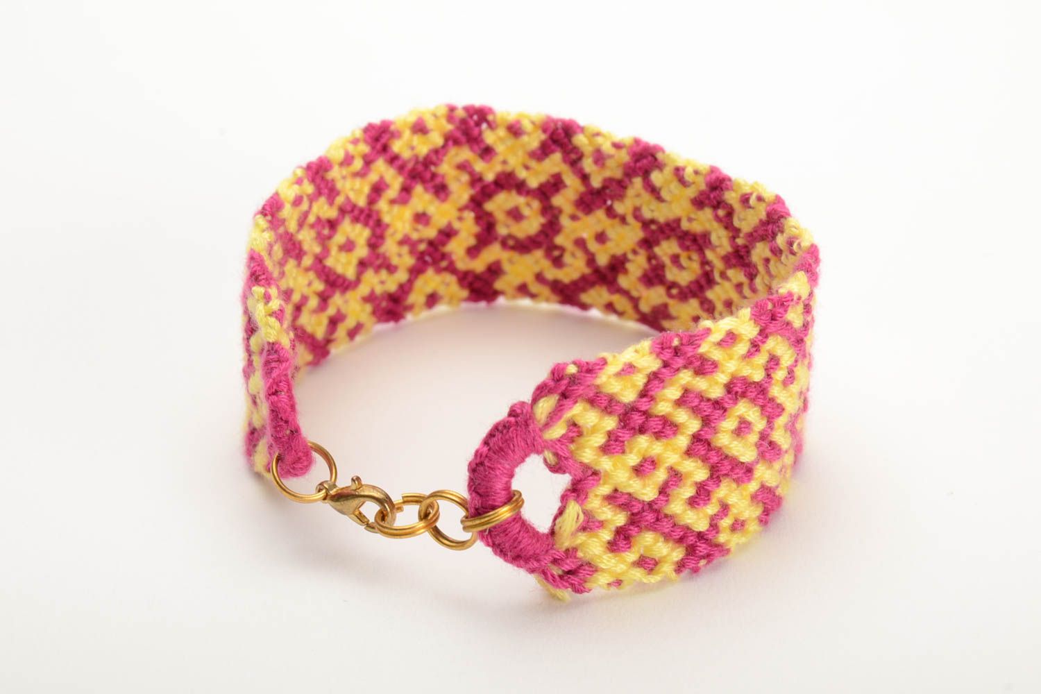 Pink and yellow handmade beautiful wide bracelet woven of embroidery floss photo 3