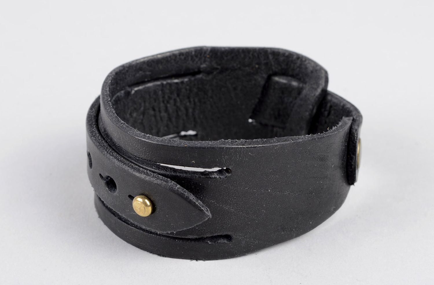 Bracelet en cuir noir Bijou fait main large unisexe design Cadeau original photo 2