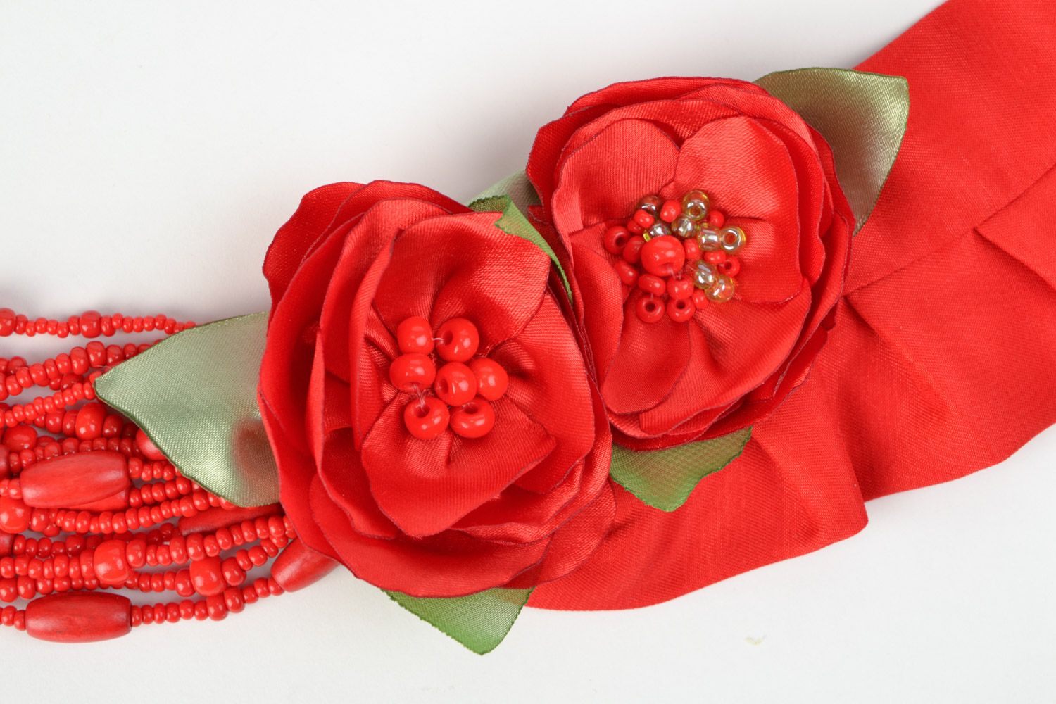 Handmade massive red chiffon fabric flower necklace with beads Poppies photo 4