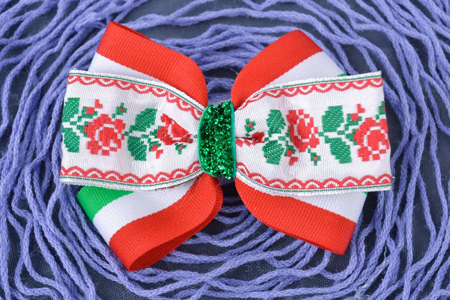 Handmade designer hair tie with ribbon bow of white green and red colors photo 1