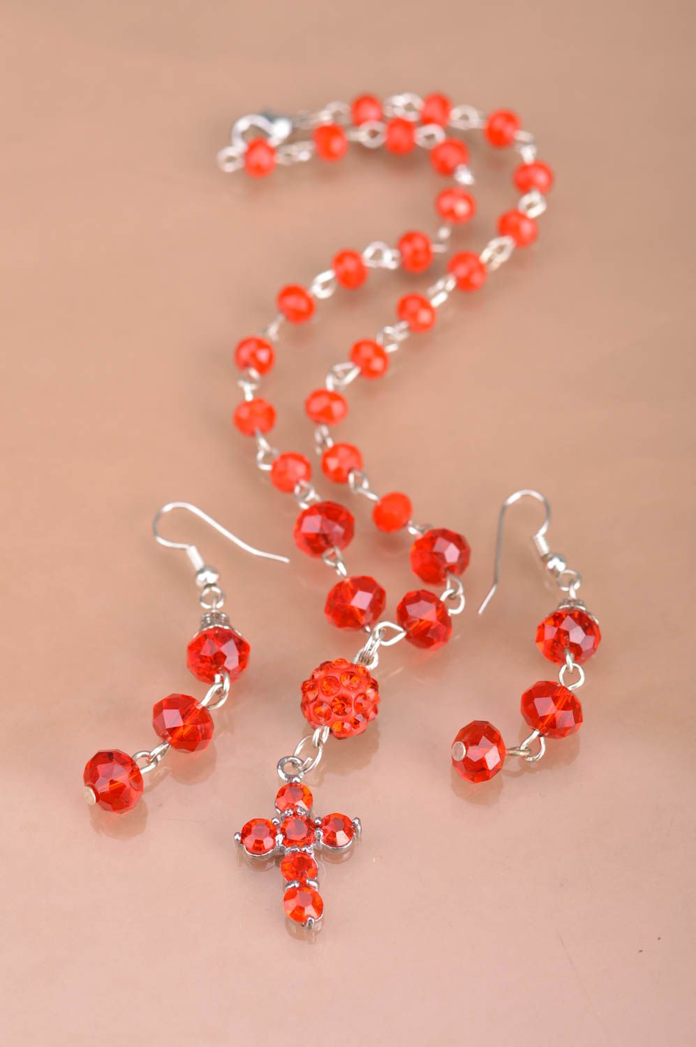 Handmade red beaded jewelry set cross pendant necklace and dangling earrings photo 3