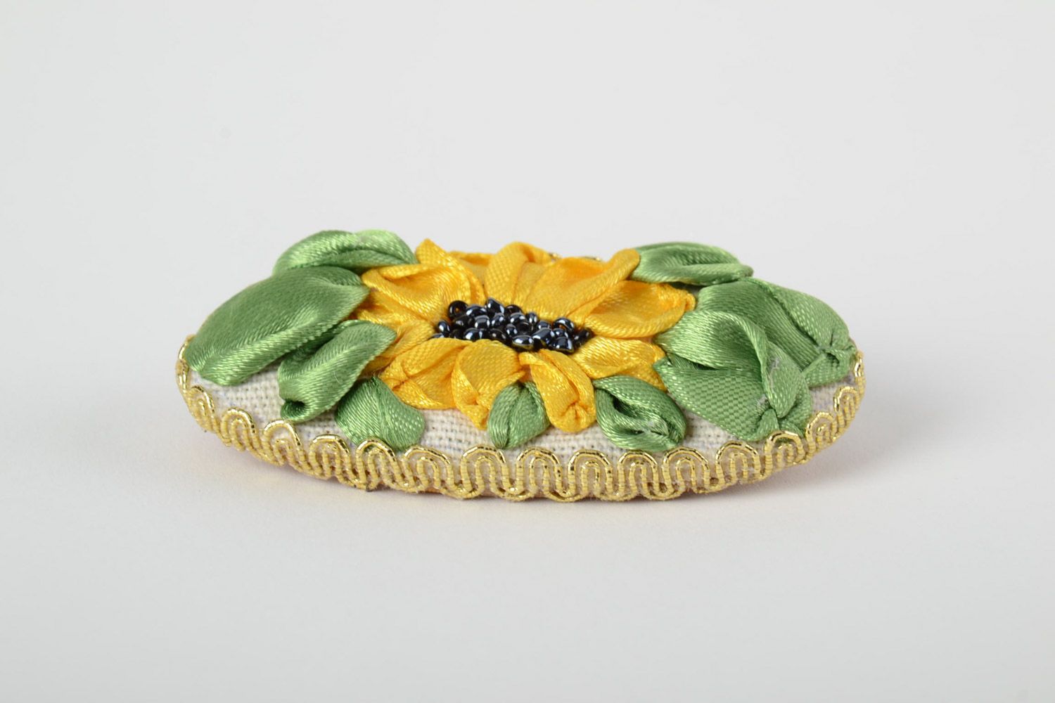 Handmade elegant yellow large oval brooch with ribbon embroidery photo 3