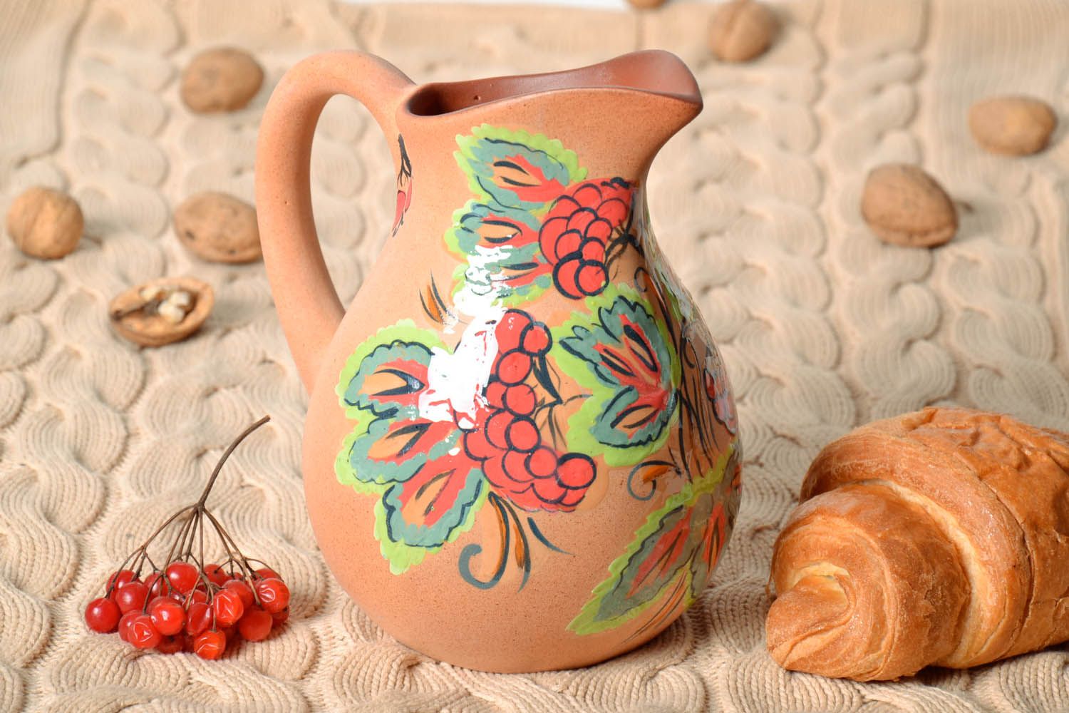60 oz handmade lead-free clay pitcher with handle and hand-painted floral ornament 2,2 lb photo 1