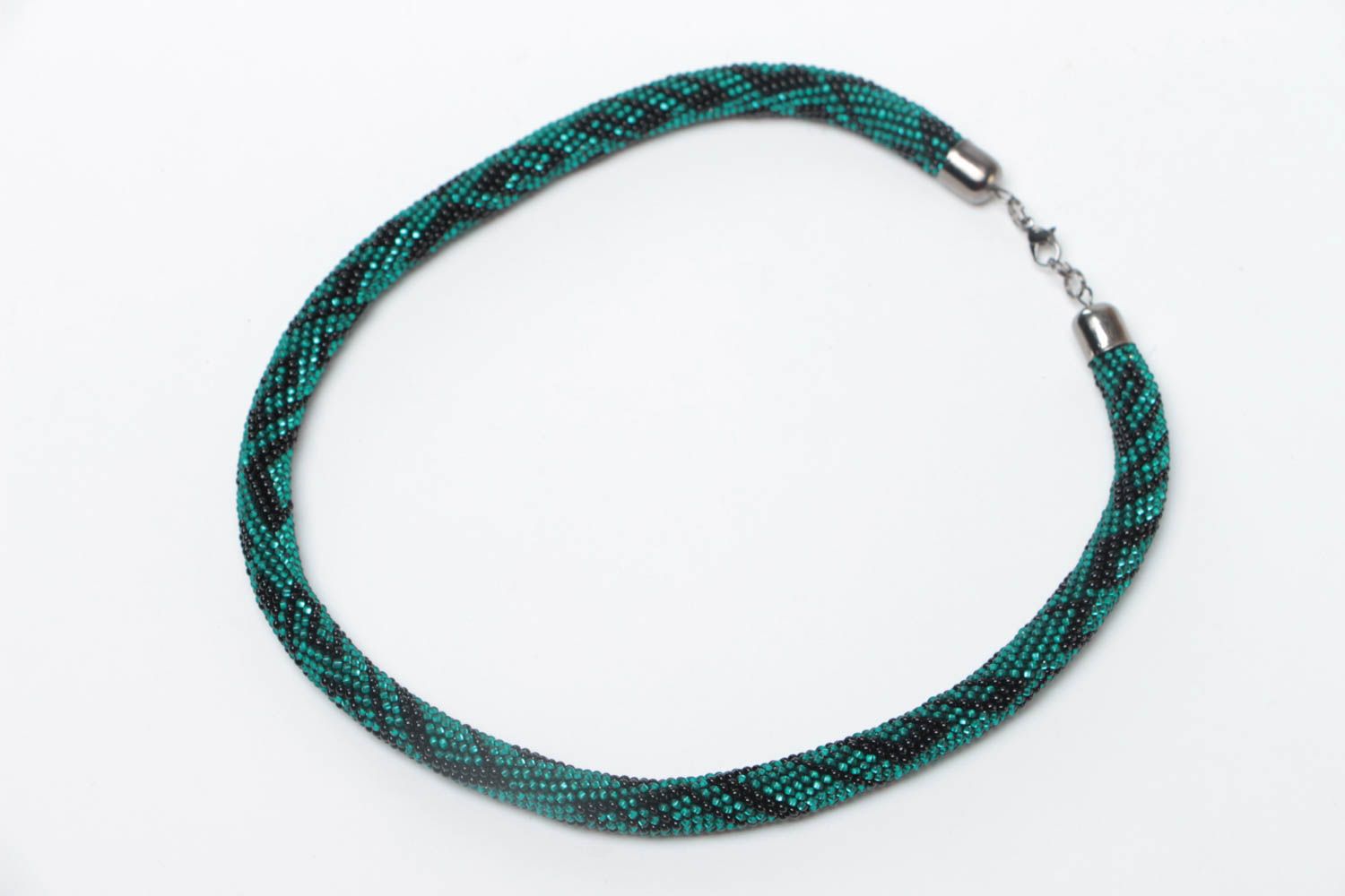 Handmade designer beaded cord women's necklace in black and emerald colors photo 2