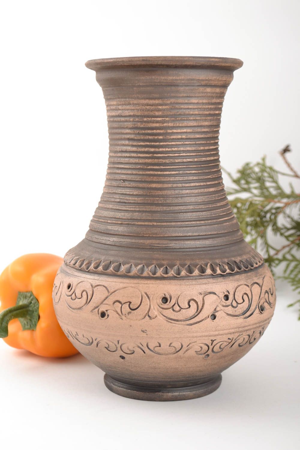 Belle cruche céramique ornementée sans anse 1 litre faite main marron ethnique photo 1