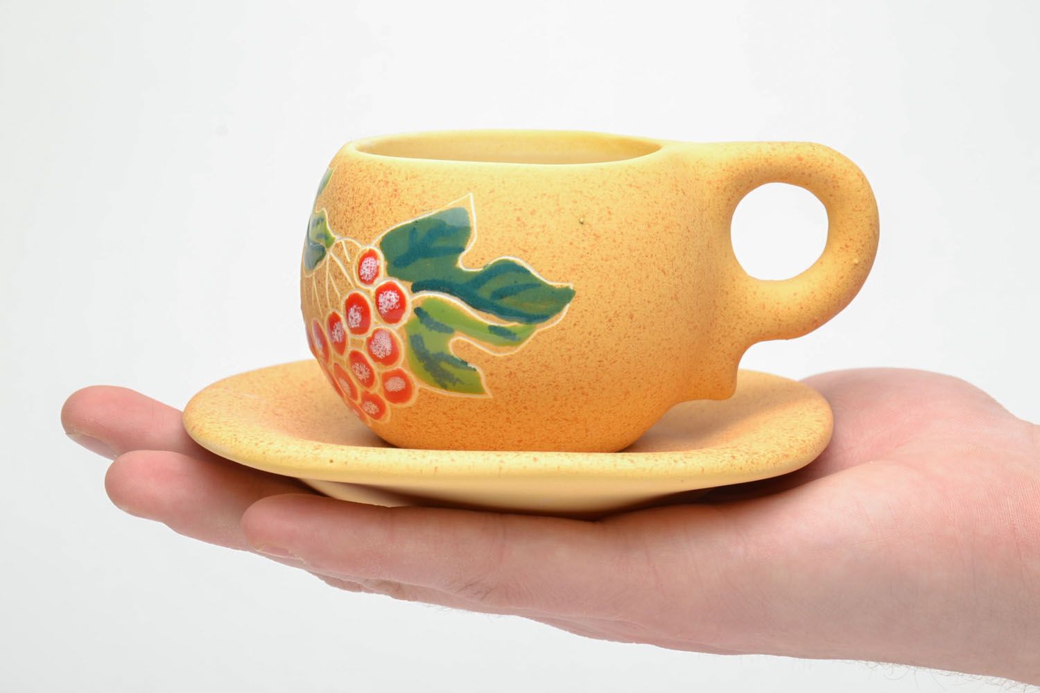 Art clay ceramic 5 oz cup with handle, saucer, and floral pattern photo 5