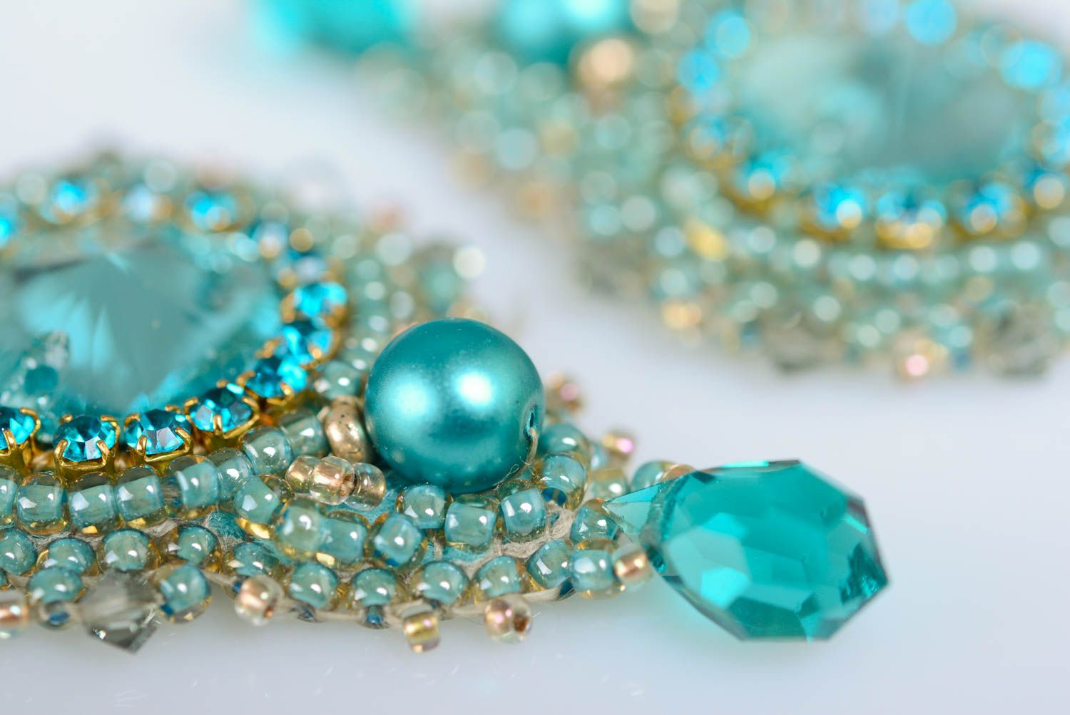 Handmade designer festive blue bead embroidered earrings with rhinestones photo 4
