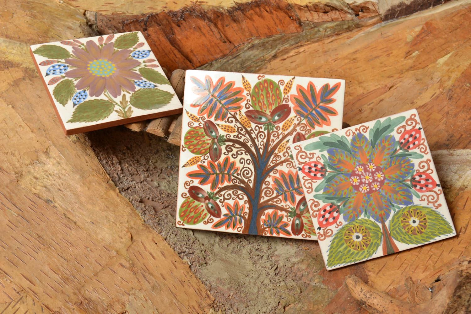 Set of 3 handmade decorative painted colorful ceramic tiles with floral motives photo 1