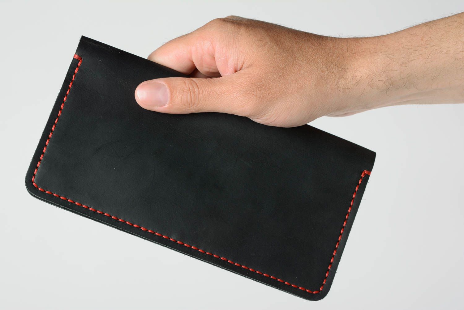 Handmade designer large black genuine leather wallet stitched with red threads photo 1