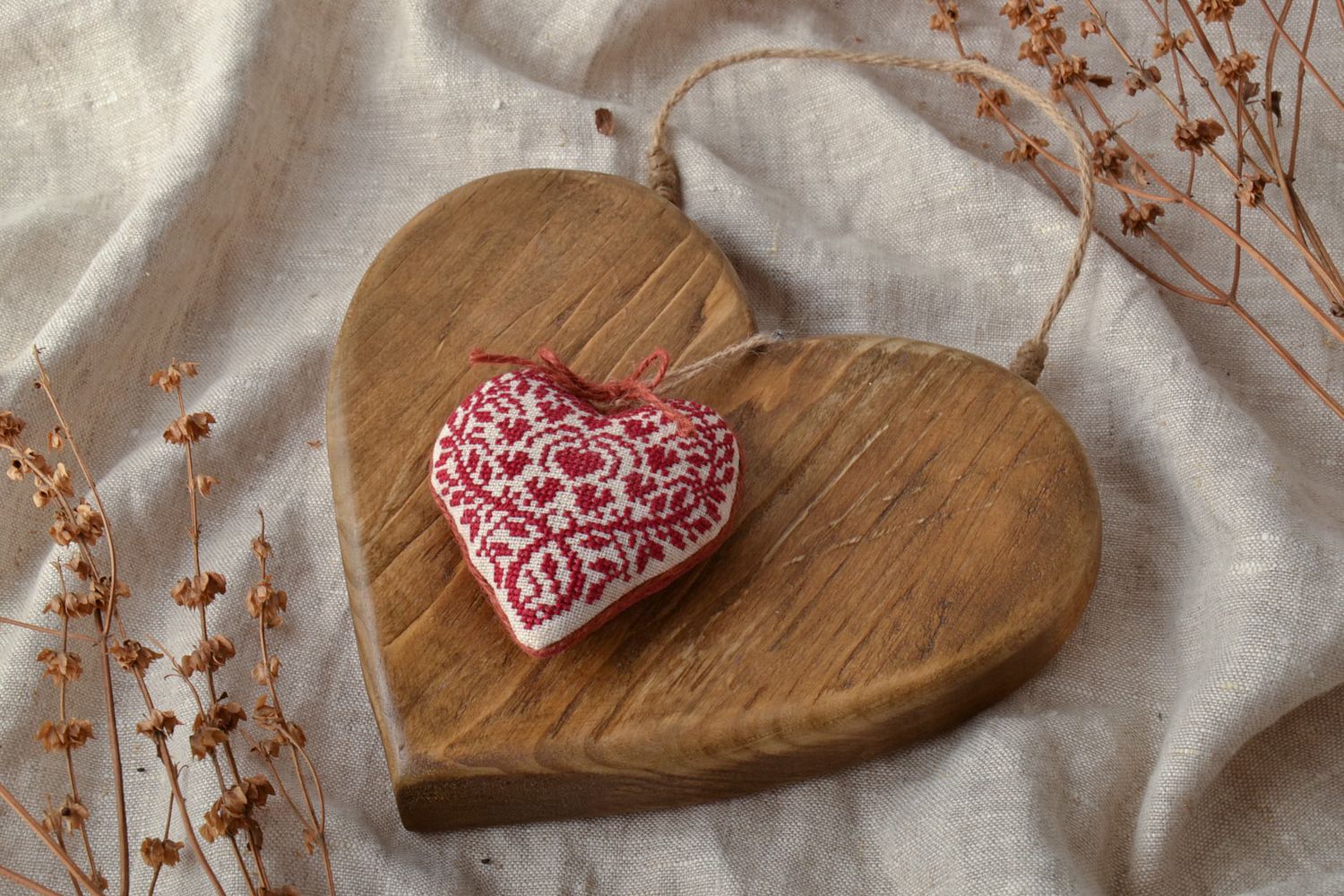Wooden interior pendant with soft cross stitch embroidered heart photo 5