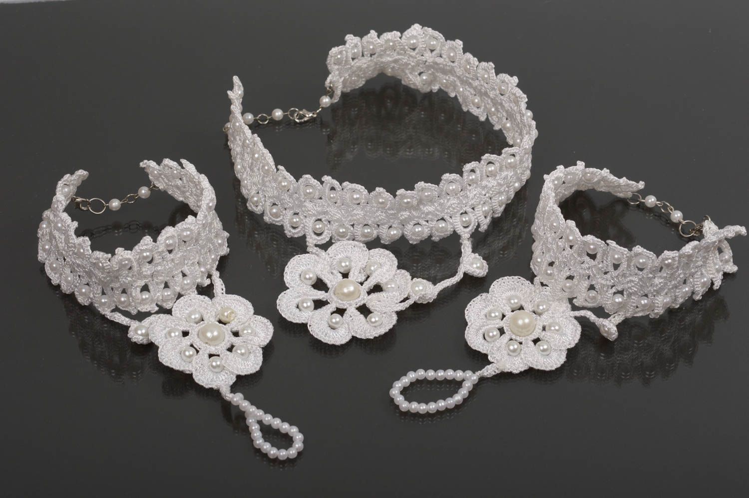 Handmade jewelry set crochet necklace 2 crochet bracelets wedding accessories photo 1