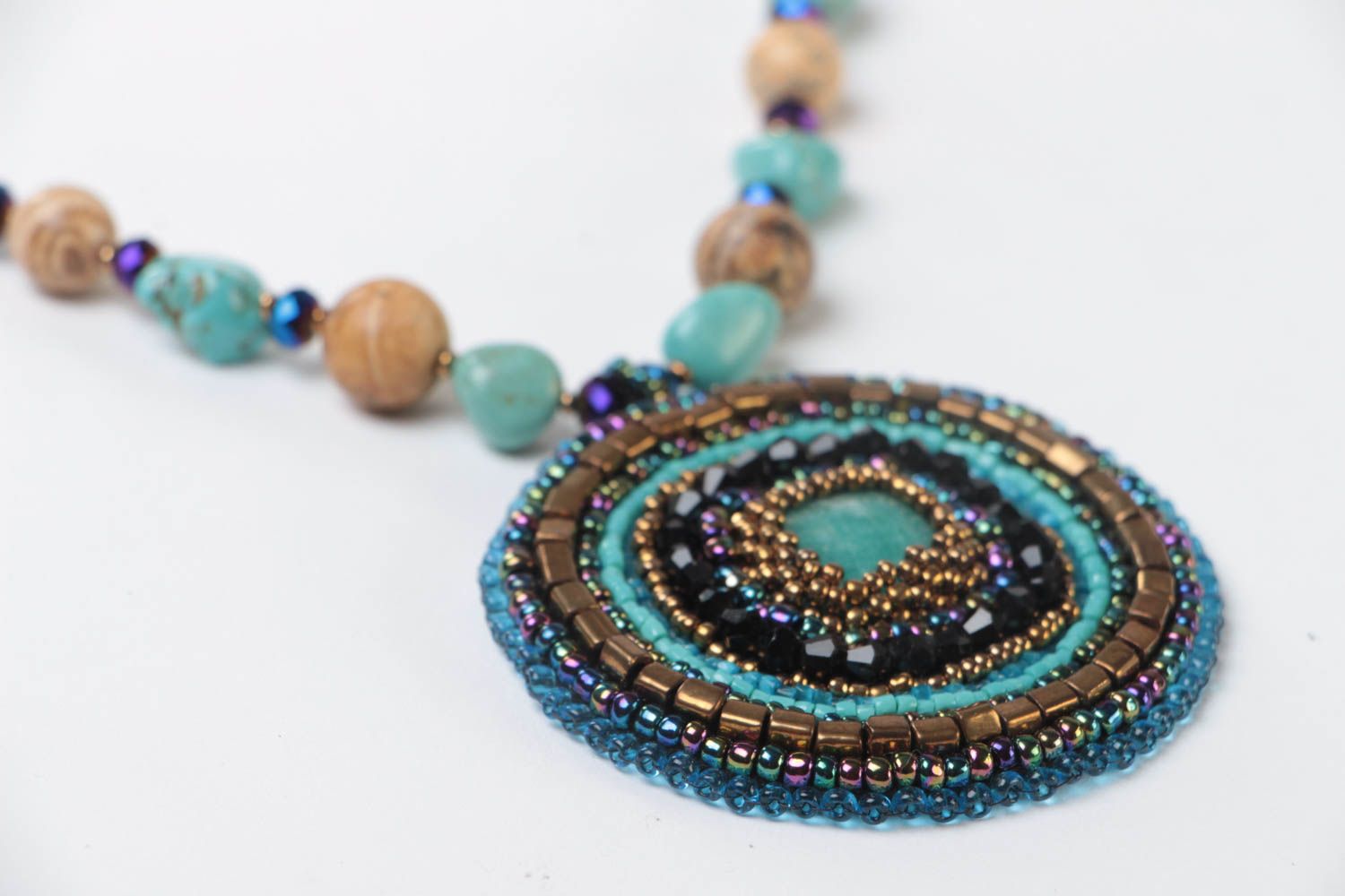 Bright massive handmade beaded necklace with natural stones designer Mandala photo 3