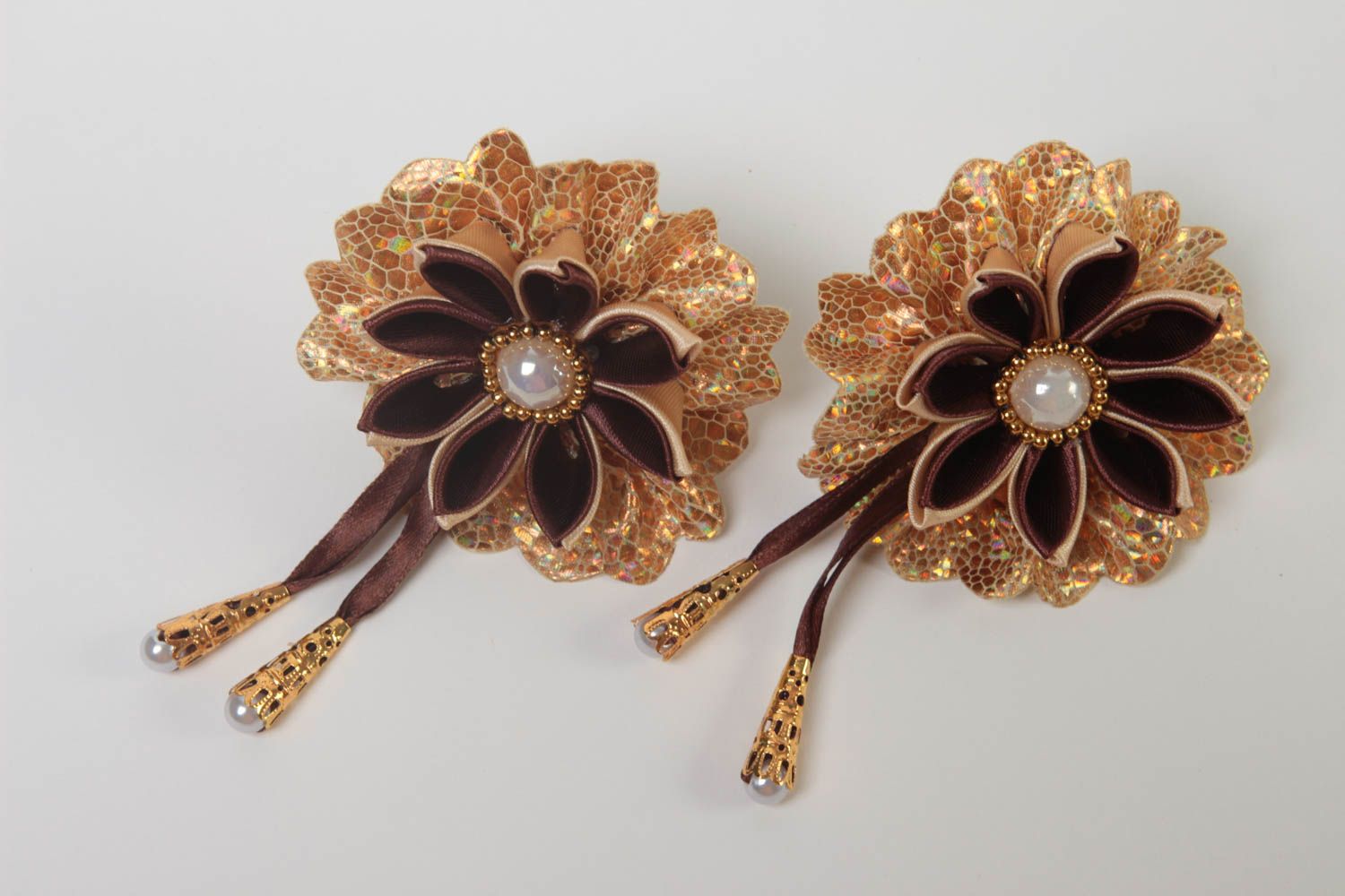 Designer jewelry handmade hair accessories set of 2 flower hair ties kanzashi photo 2