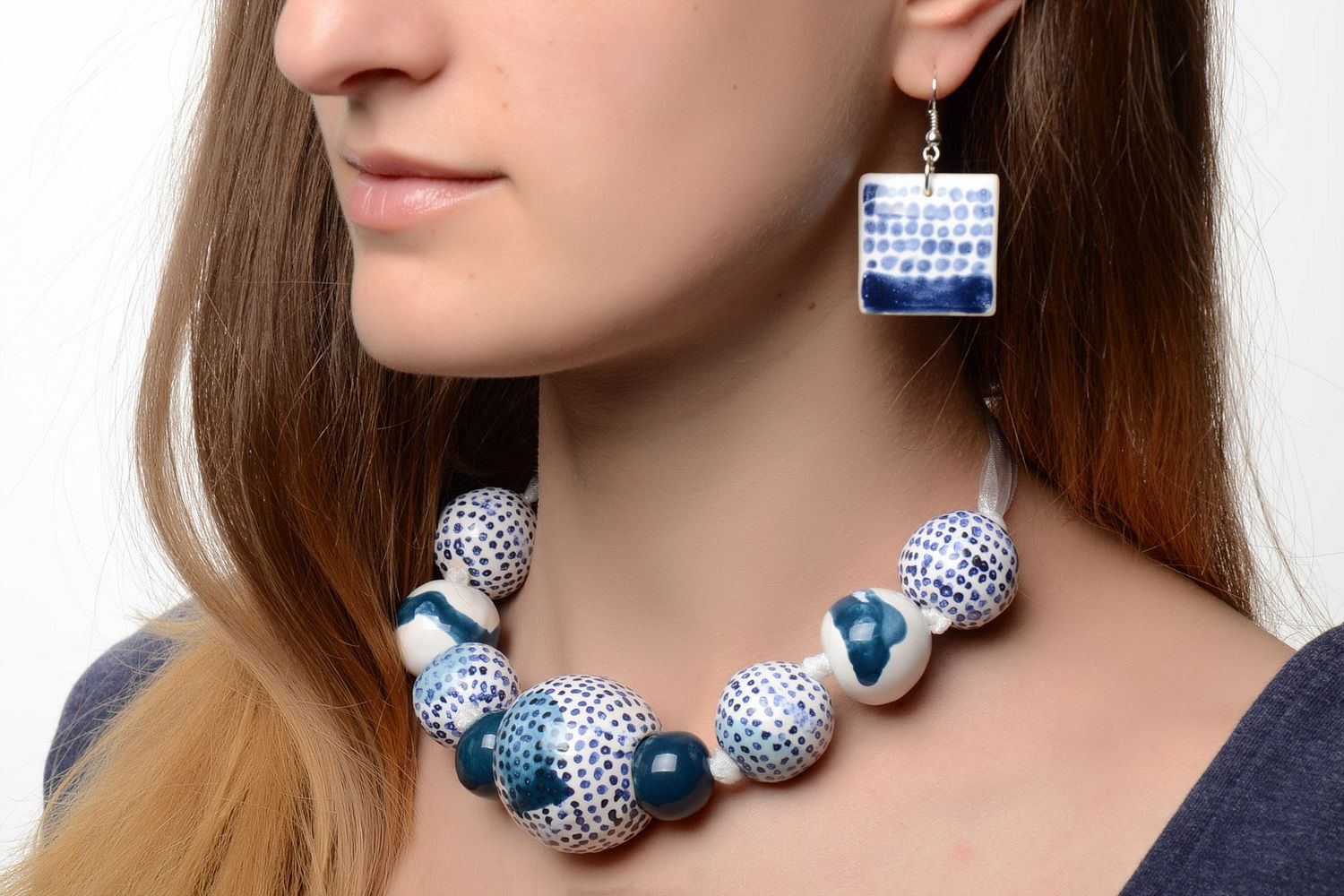 White and blue designer jewelry set hand made of white clay necklace and earrings photo 1