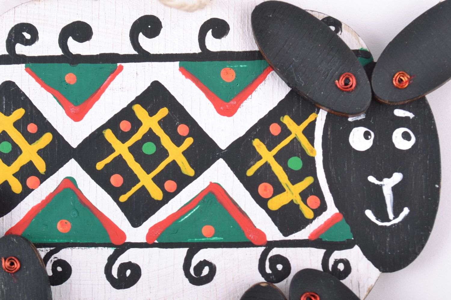 Handmade decorative wooden wall hanging toy Lamb painted with ethnic ornaments photo 3