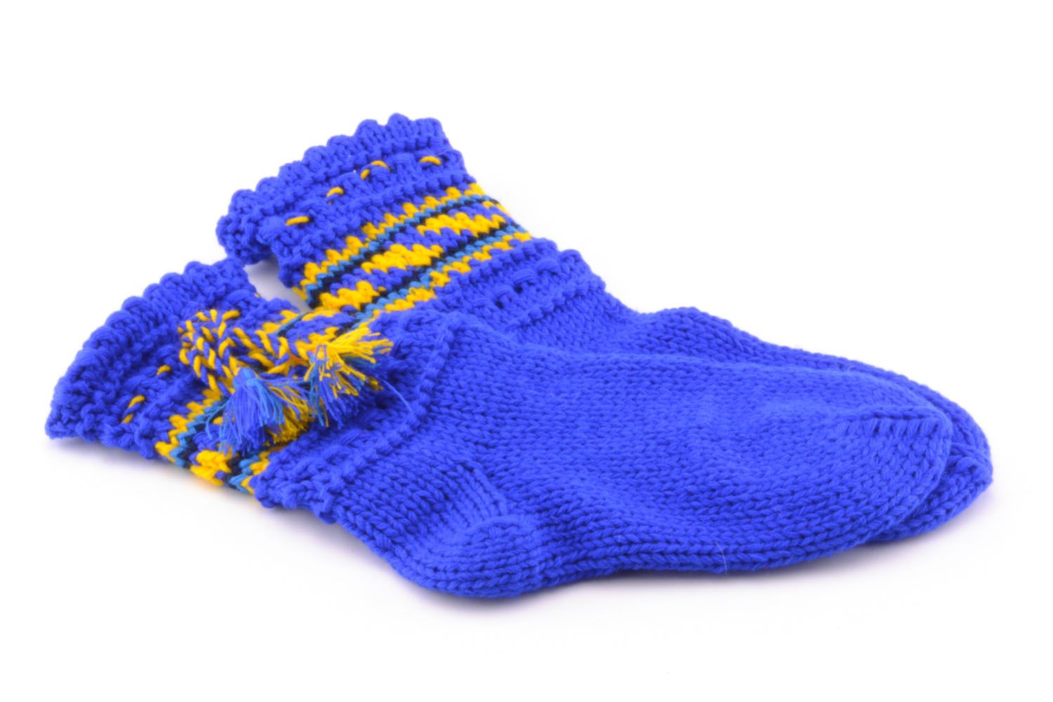 Chaussettes tricotées main bleues en laine naturelle photo 4