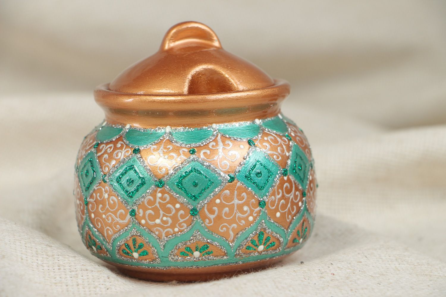 Handmade ceramic sugar bowl with lid for 250 ml decorated with painting photo 5