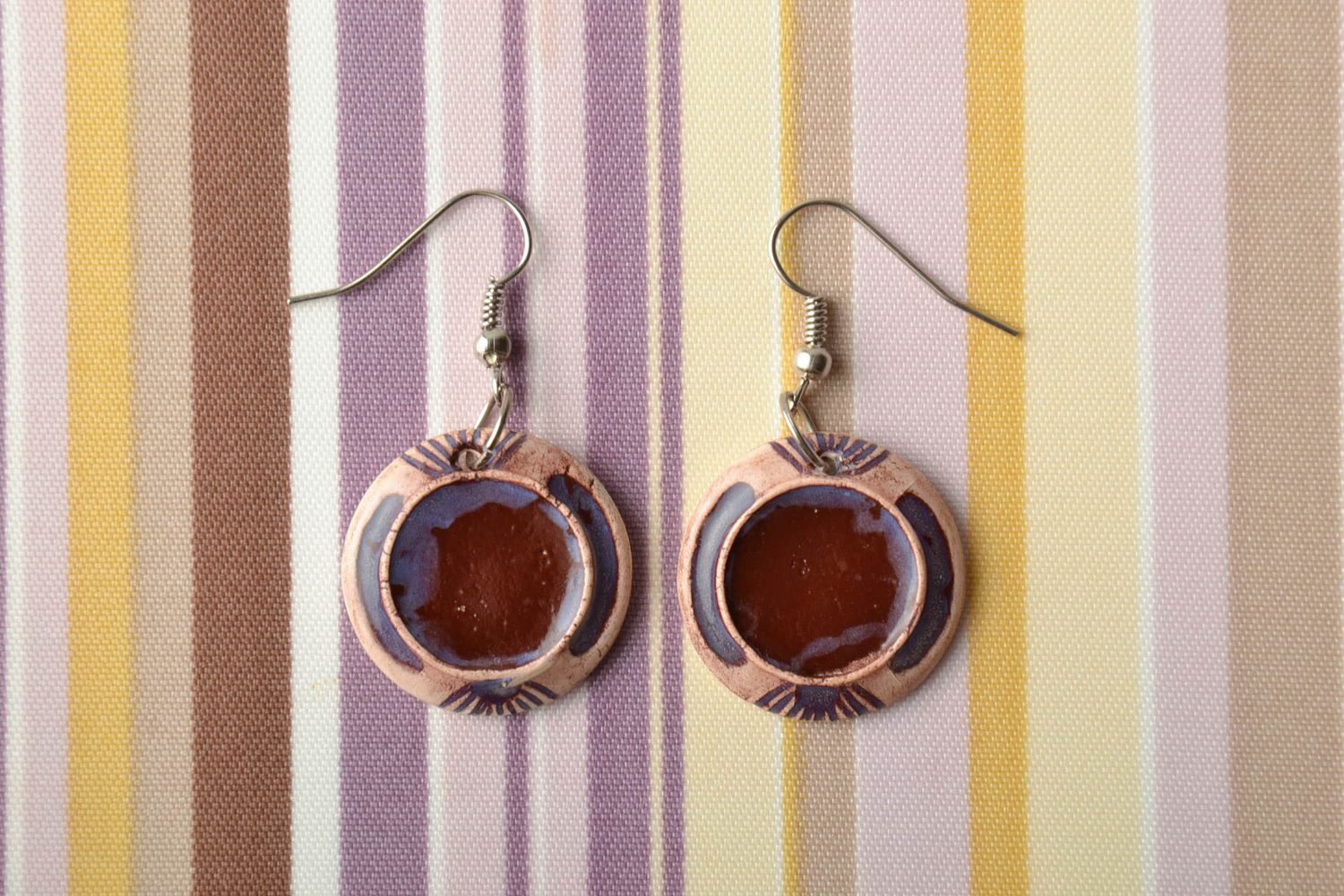 Round clay earrings painted with color enamels photo 1