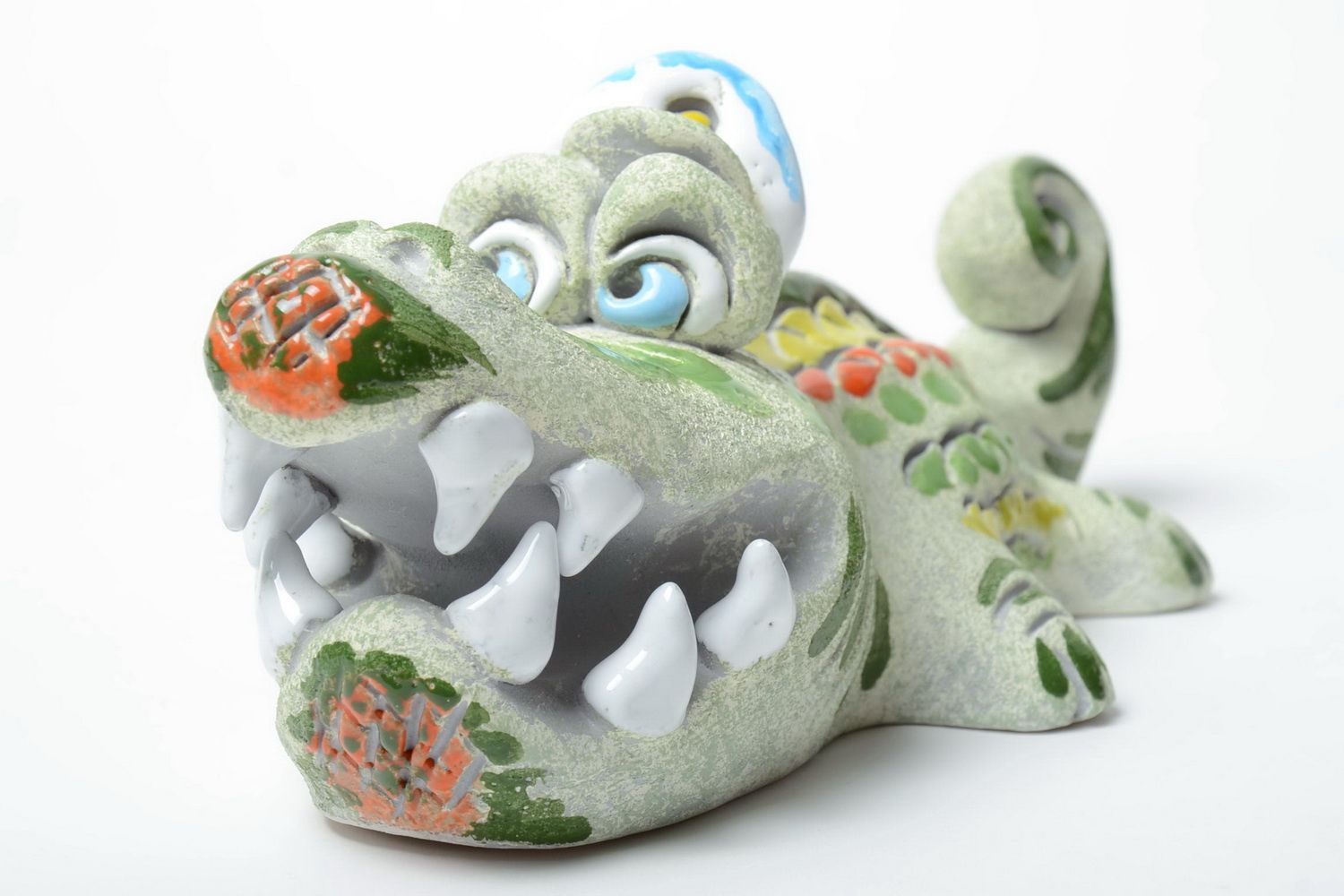 Grelle Keramik Sparbüchse Alligator mit Pigmenten Bemalung Künstler Handarbeit foto 3