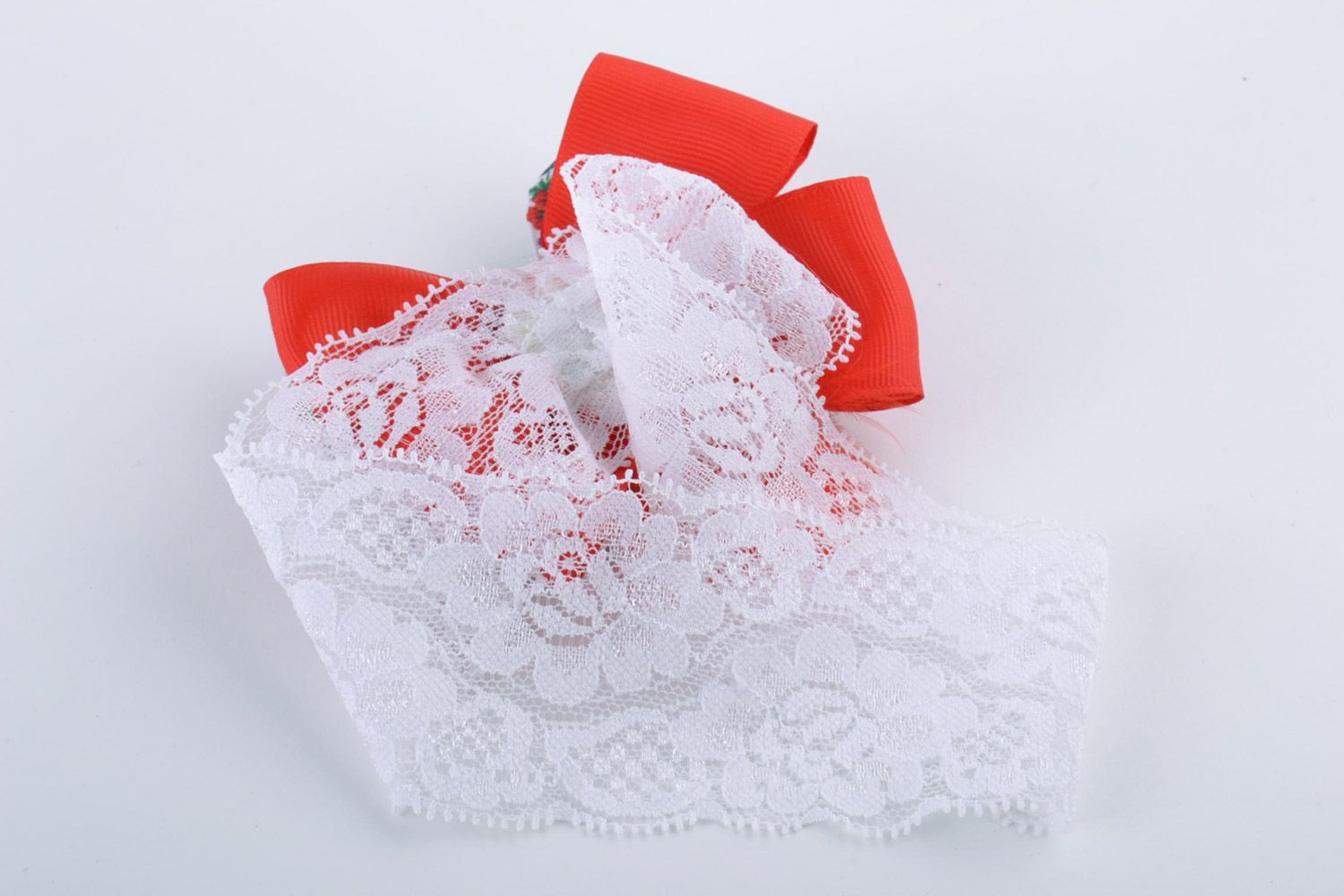 Handmade white stretch lace headband with bright red and green ribbon bow photo 5
