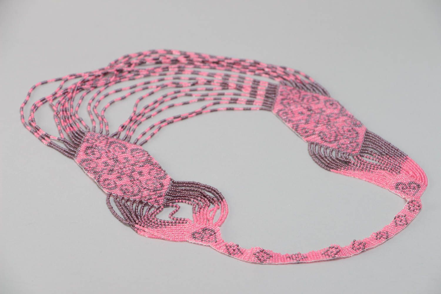Unusual gray and pink handmade designer beaded gerdan necklace photo 4
