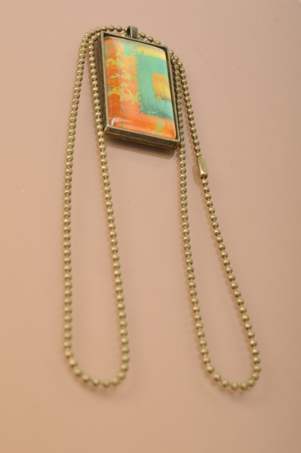 Handmade rectangular metal pendant with long chain in unusual style Picasso photo 5