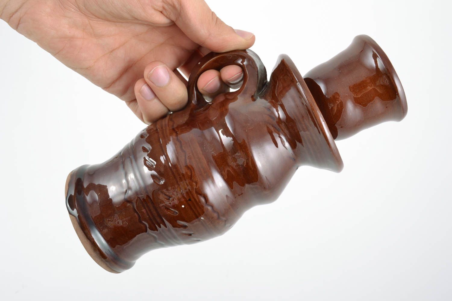 Petit bougeoir en céramique brun couvert de glaçure fait main avec anse  photo 2