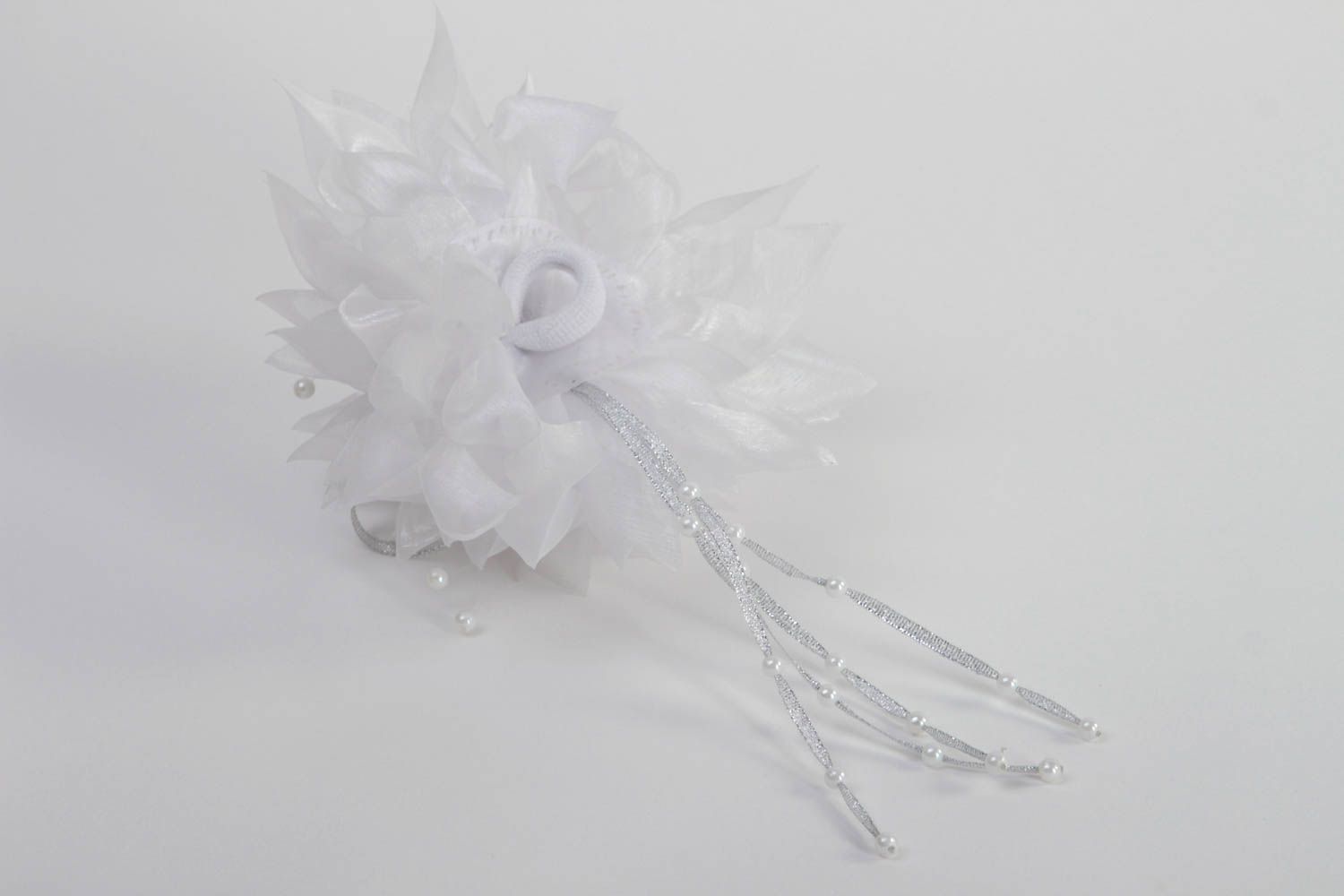 White scrunchy hair adornment handmade hair tie flower scrunchie gift for girl photo 4