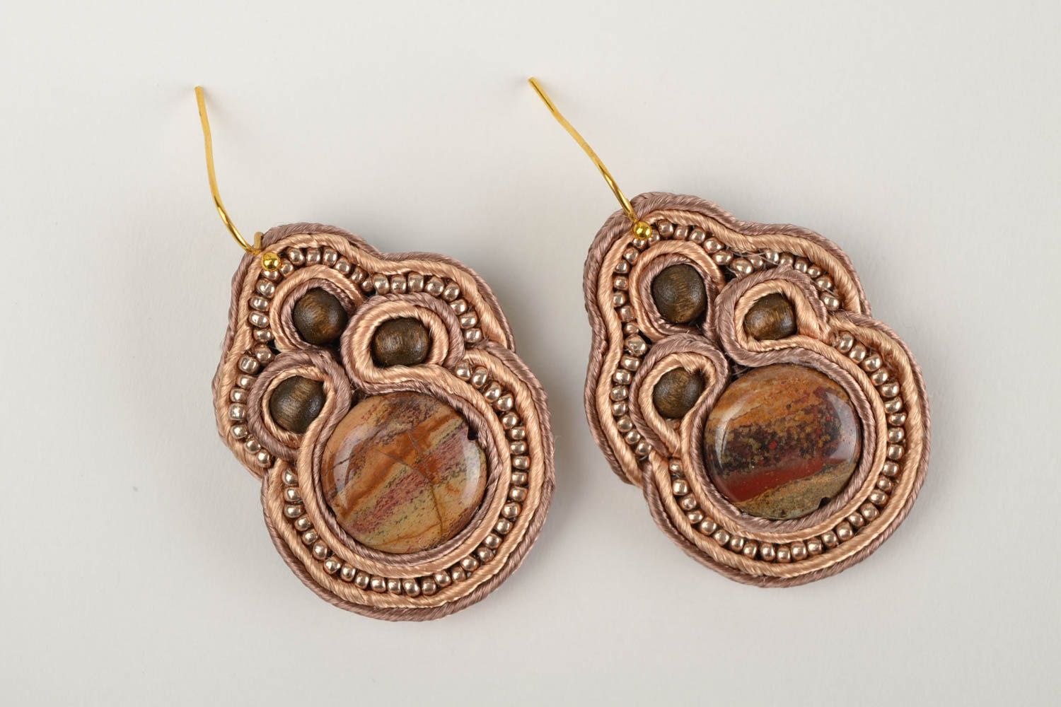 Handmade soutache earrings with natural stone unique designer bijouterie present photo 3