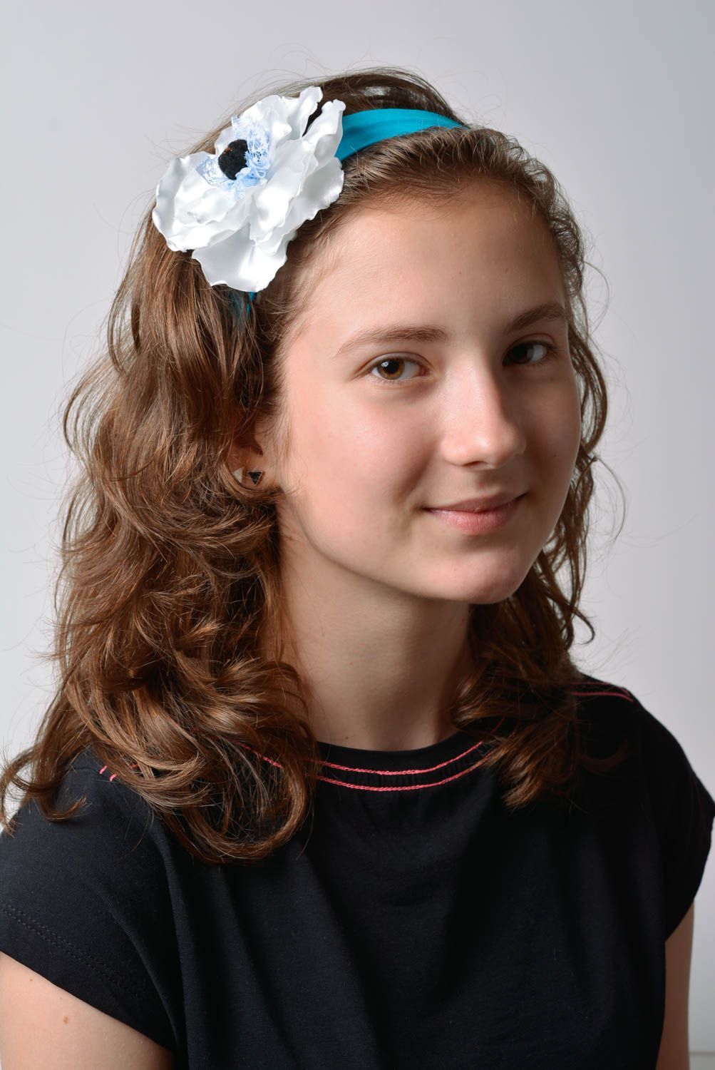 Designer handmade decorative blue headband with artificial white flower photo 2