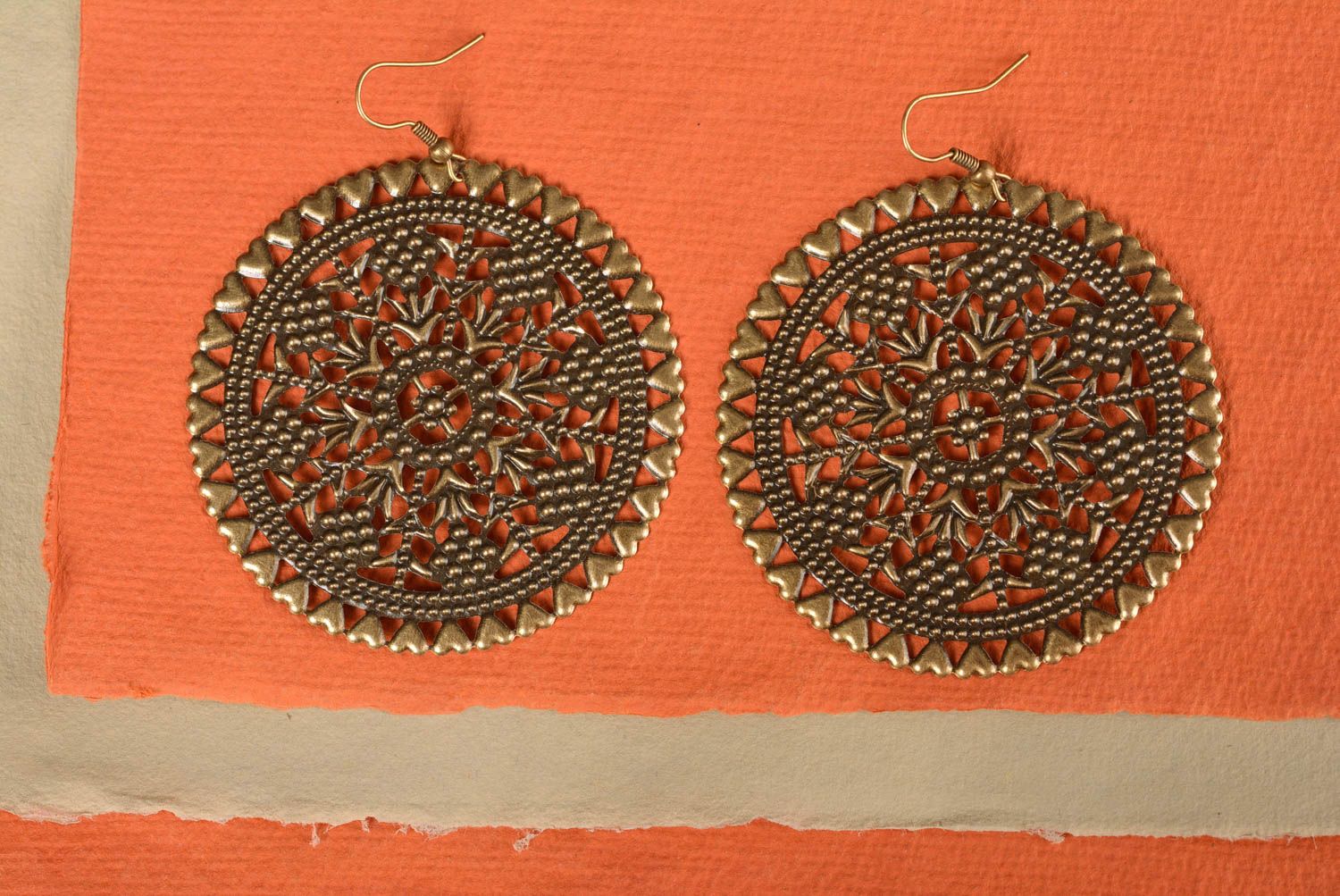 Handmade designer round flat lacy metal dangle earrings with ornaments photo 1