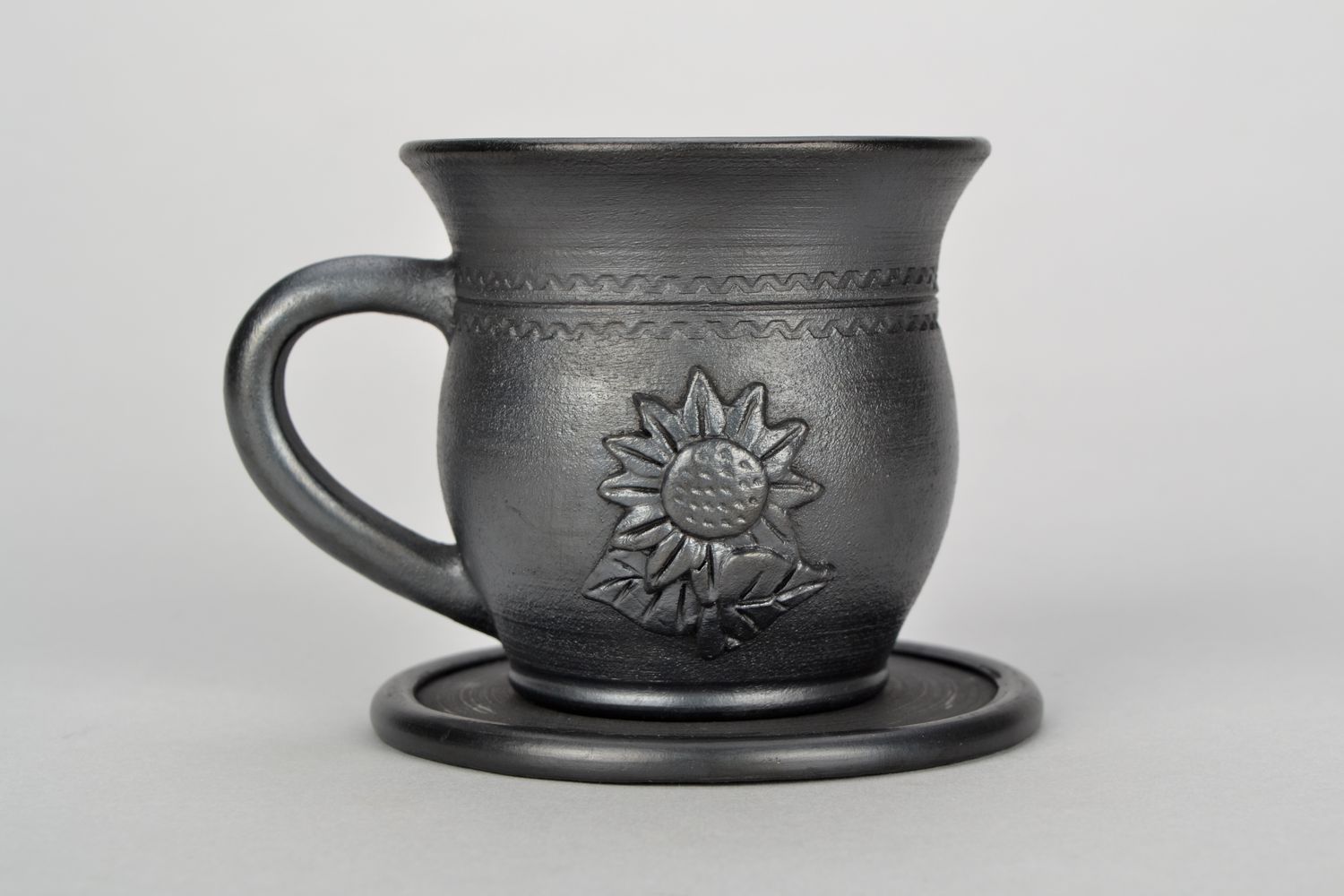 Black smoked 5 oz clay coffee cup with handle, saucer, and sunflower pattern photo 3