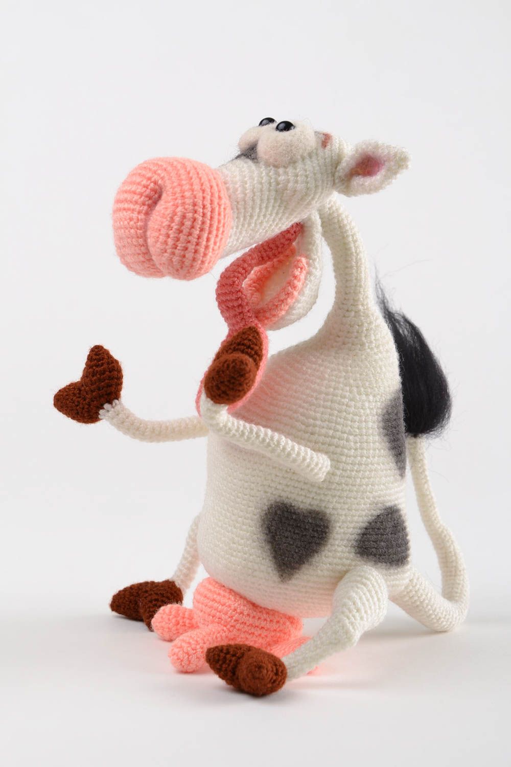 Handmade designer funny soft toy crocheted of acrylic threads funny cow photo 5