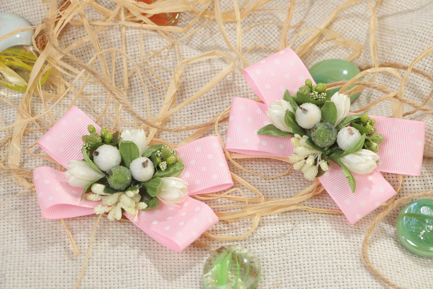 Set of handmade rep ribbon hair bows 2 pieces beautiful bow hair clips photo 1
