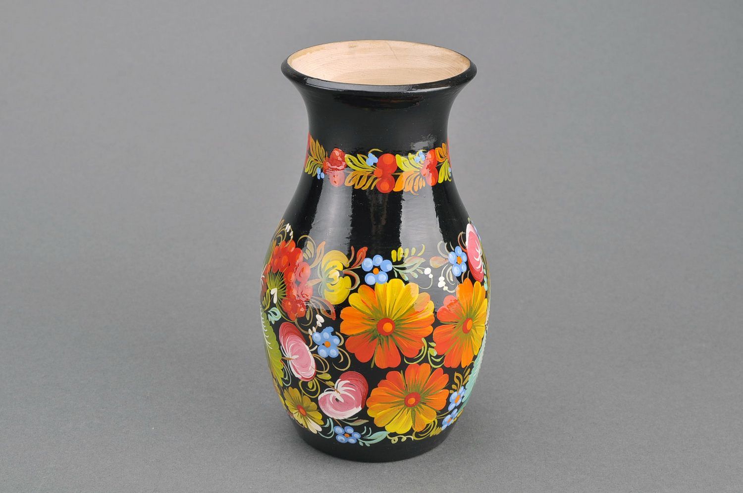 7 inches wooden vase in Russian floral hand-painted design 0,8 lb photo 1