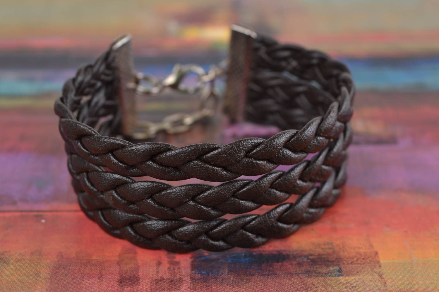 Unusual handmade braided faux leather wrist bracelet of black color photo 1