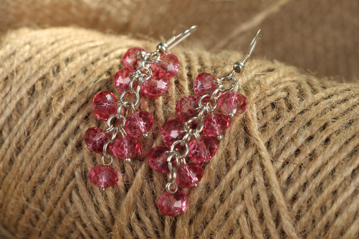 Long crystal earrings Pink bunches photo 3