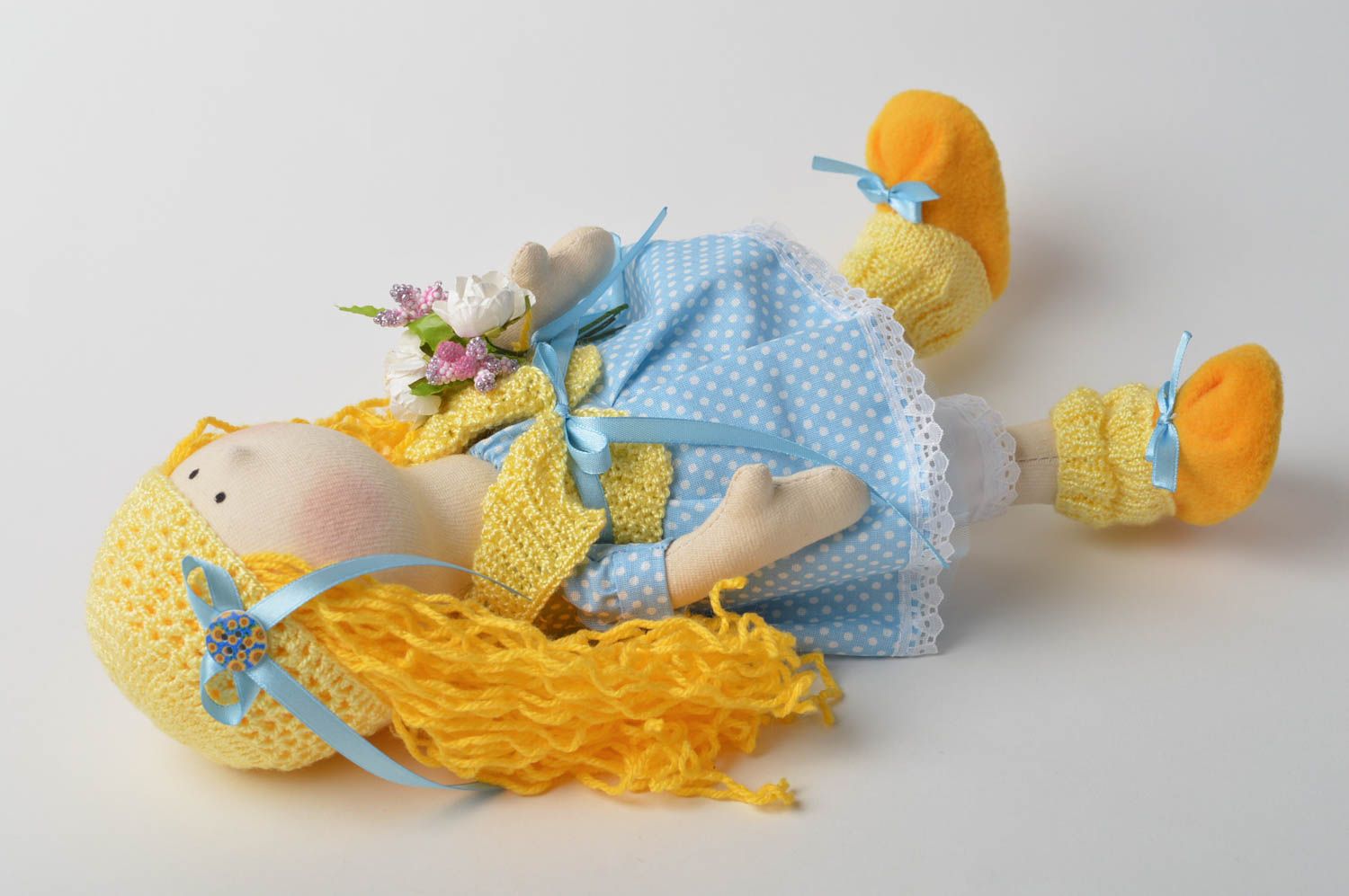 Spielzeug Puppe handmade Künstler Puppe Wohnzimmer Deko in Gelb Blau schön foto 5