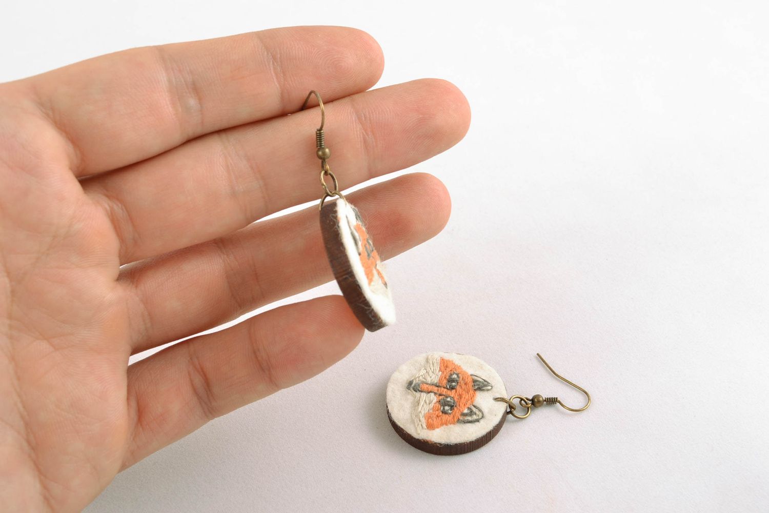 Handmade earrings with embroidery Fox photo 2
